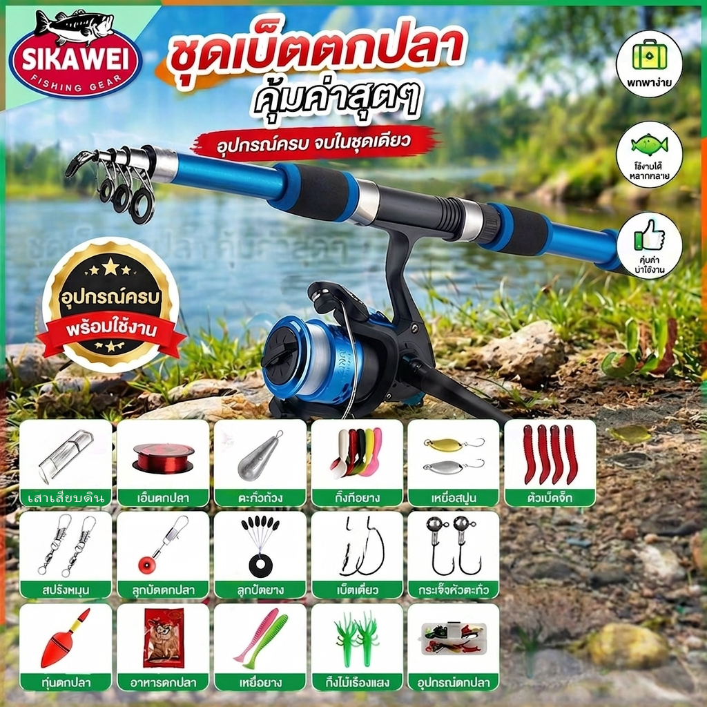Sikawei ชุดคันเบ็ดตกปลา แบบพกพา 1.8/2.1 เมตร รอกสาย ล่อคอมโบ คันเบ็ดยืดไสลด์ ครบชุด ชุด Luya สามเณร – โปรปัง