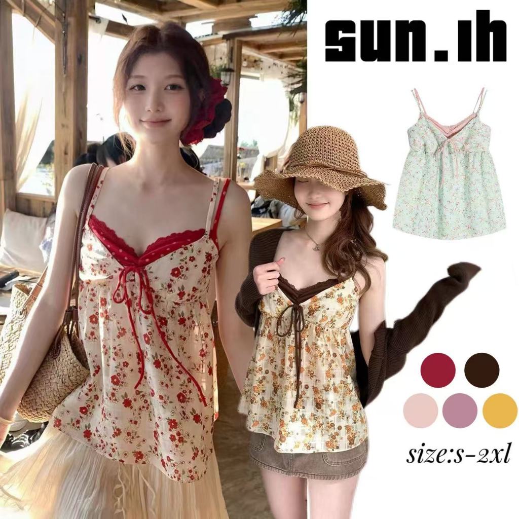SUN🛍️พร้อมส่ง🛍️เสื้อสายเดี่ยวลายดอกไม้สีสันสดใส สไตล์ใหม่ปี 2026 ดีไซน์คล้ายเสื้อสองชิ้นคอวี สวยงามและเย้ายวนใจ