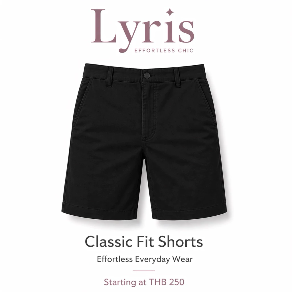 Lyris กางเกงขาสั้นผู้ชาย Classic Fit สีดำ Midnight Black (14 นิ้ว) ทรงสวย ใส่สบาย ไม่รัดเป้า ใส่ได้ทุกวัน