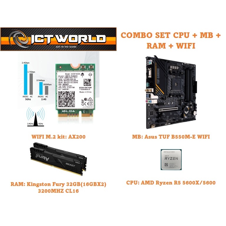 COMBO SET CPU RYZEN R5 5600X + Asus-B550M-E WIFI + RAM 32GB(16GBX2) 3200MHZ CL16 + WIFI6 AX200 ชุดเม