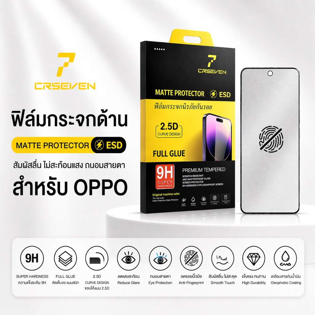 JC168 (CRSEVEN010)ฟิล์มกระจก ด้าน สำหรับ OPPO เต็มจอ นิรภัย AG Reno 13/14/Reno 15ProMax/Reno 15
