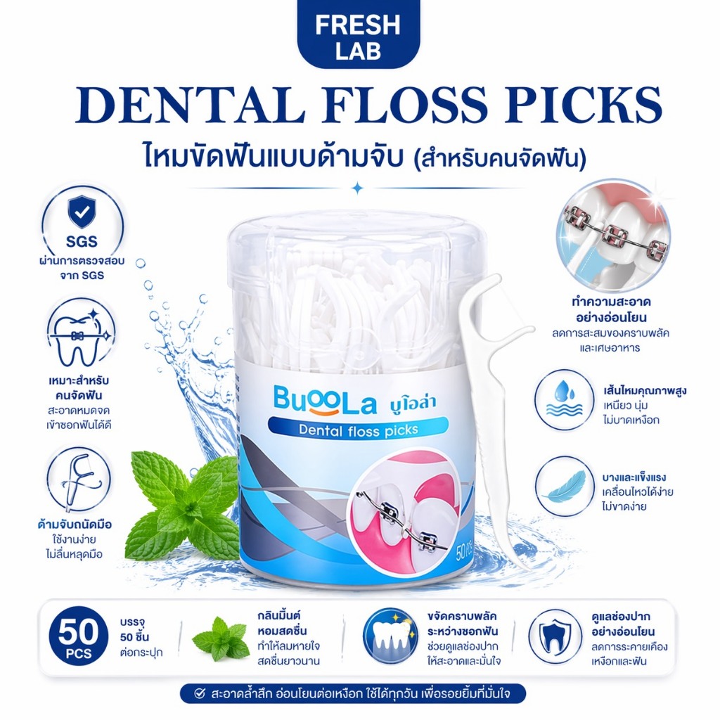 BUOOLA ไหมขัดฟัน ชนิดด้าม 1 กล่อง 50 ชิ้น ช่วยทำให้ฟันสะอาด ลดคราบพลัคและเศษอาหาร