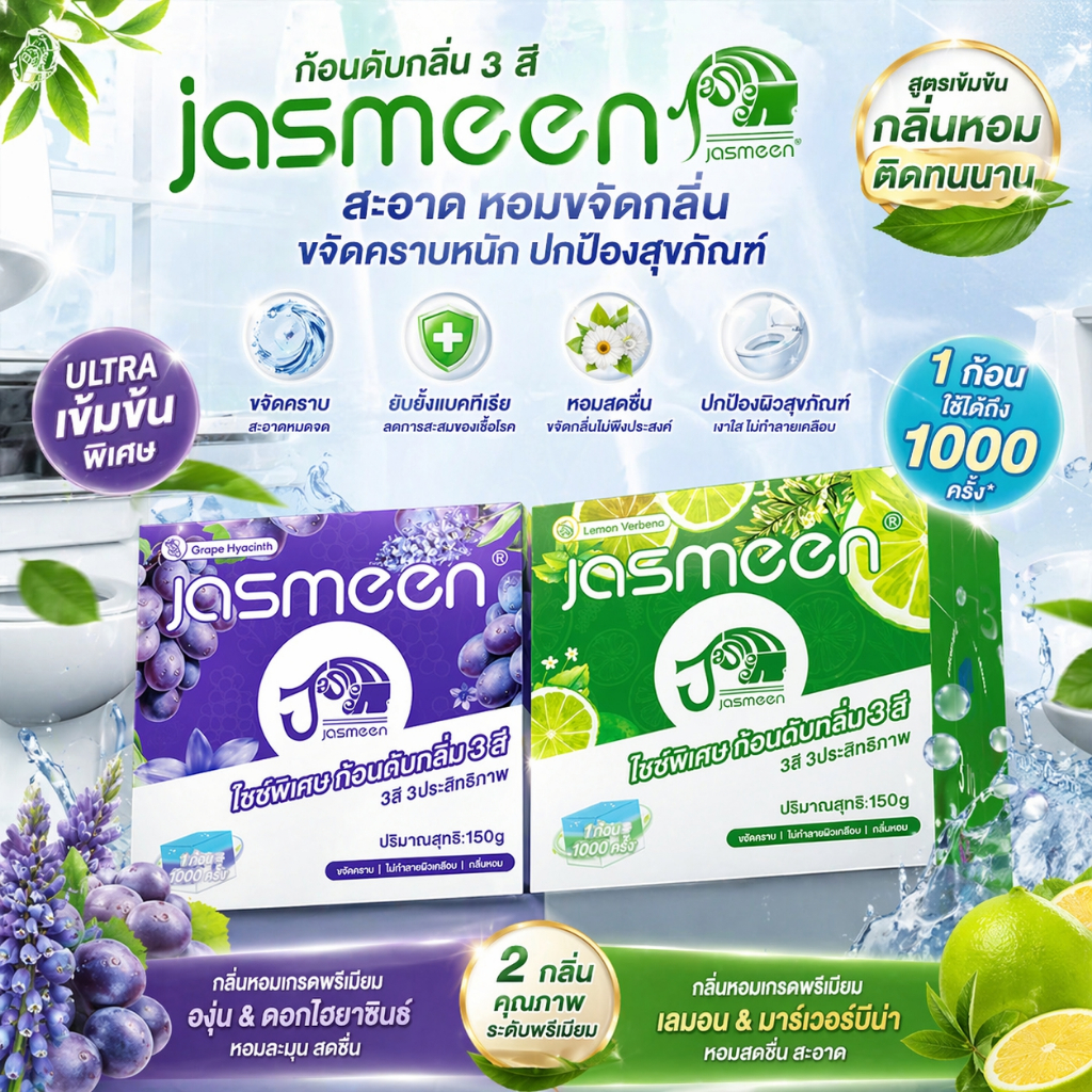 JASMEEN ก้อนดับกลิ่นชักโครก 4in1 ขจัดคราบ ฆ่าเชื้อ หอมยาวนาน 1000 ครั้ง กลิ่นเลมอน & องุ่นพรีเมียม