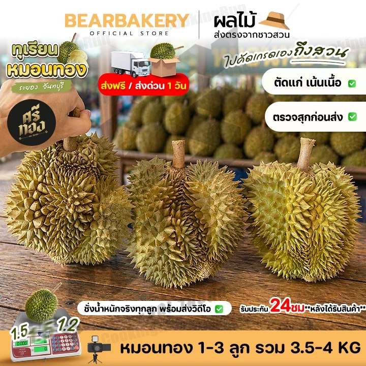 📌 ส่งฟรี-ส่งด่วน📌ทุเรียนหมอนทอง จันทบุรี 3.5-4kg.(1-3ลูก)เนื้อแน่น พร้อมวิดีโอชั่งน้ำหนักจริงทุกลูก! Bearbakery