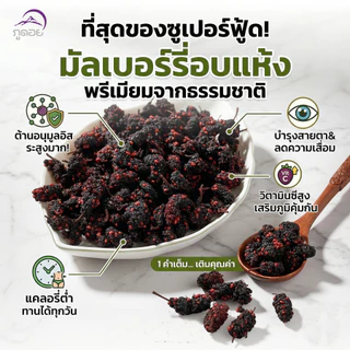 มัลเบอรี่ ลูกหม่อน อบแห้ง 100% ตรา ภูดอย สูตรไม่มีน้ำตาล ไม่ใส่สารกันเสีย ไม่แต่งสี เคี้ยวหนึบหนับ นุ่มลิ้น ไขมันต่ำ