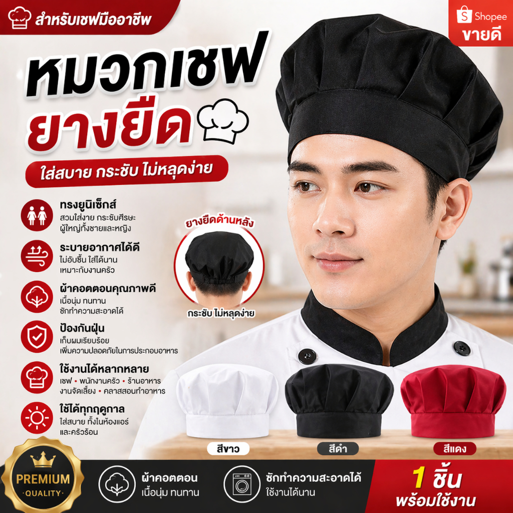 หมวกเชฟ 1 ชิ้น แบบยืด ใส่ทำอาหาร หมวกครัว ผู้ชายผู้หญิง สีดำ/แดง เหมาะสำหรับร้านอาหาร โรงแรม งานแคทเทอริง