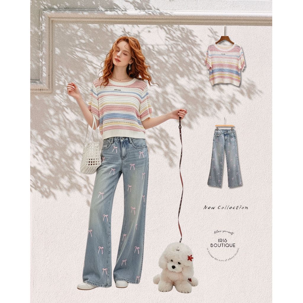 Original Design IRIS BOUTIQUE Summer Premium series  IS73822-IP73822 Pastel Stripe Knit Top & Bow Wide-Leg Jeans