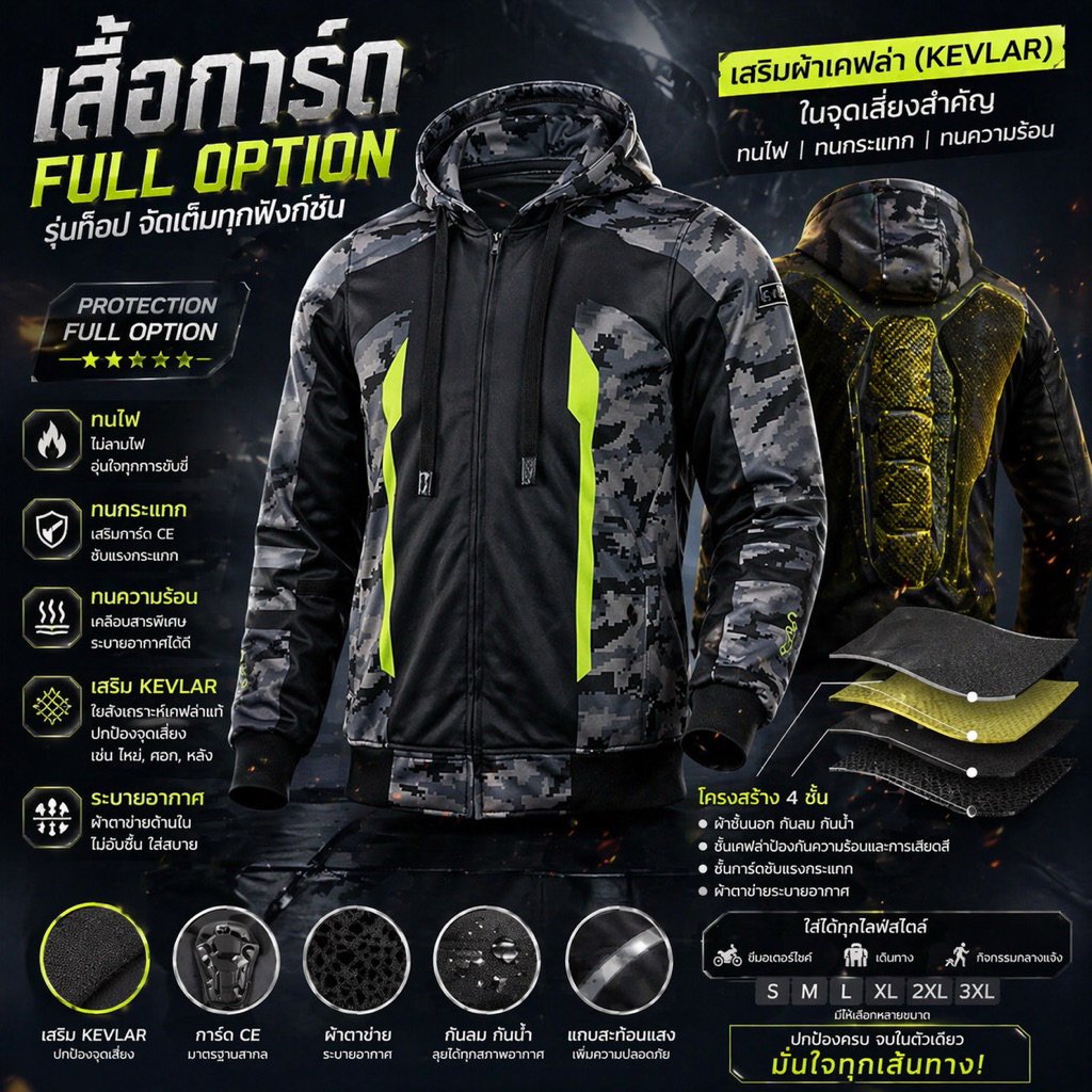 เสื้อการ์ด G-MOTO DIGITAL BLACK รุ่น Full Option (มีของพร้อมส่งทันที) มีไซส์พิเศษ