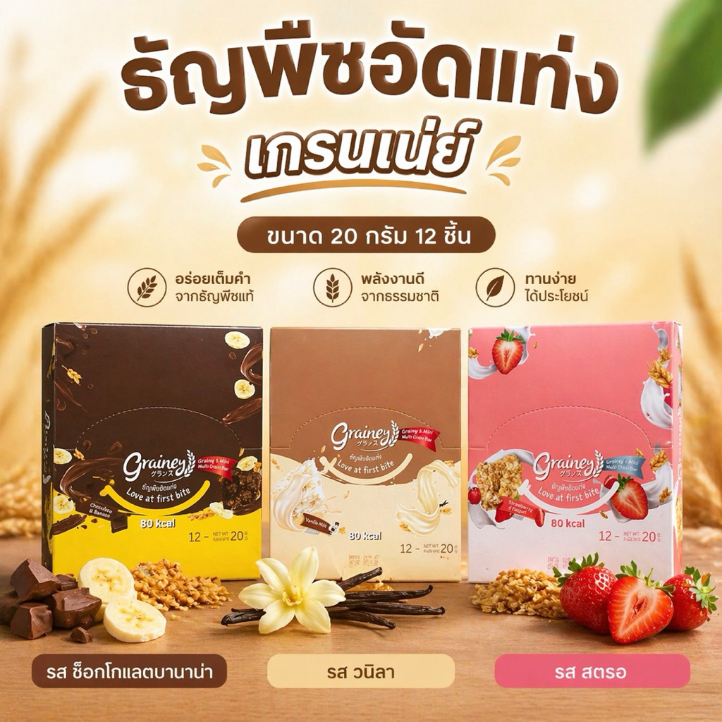 เกรนเน่ย์ ธัญพืชอัดแท่ง รส ช็อกโกแลตบานาน่า,สตรอเบอร์รี่,วนิลามอลล์ ปริมาณ 20 กรัม แพ็ก12ชิ้น