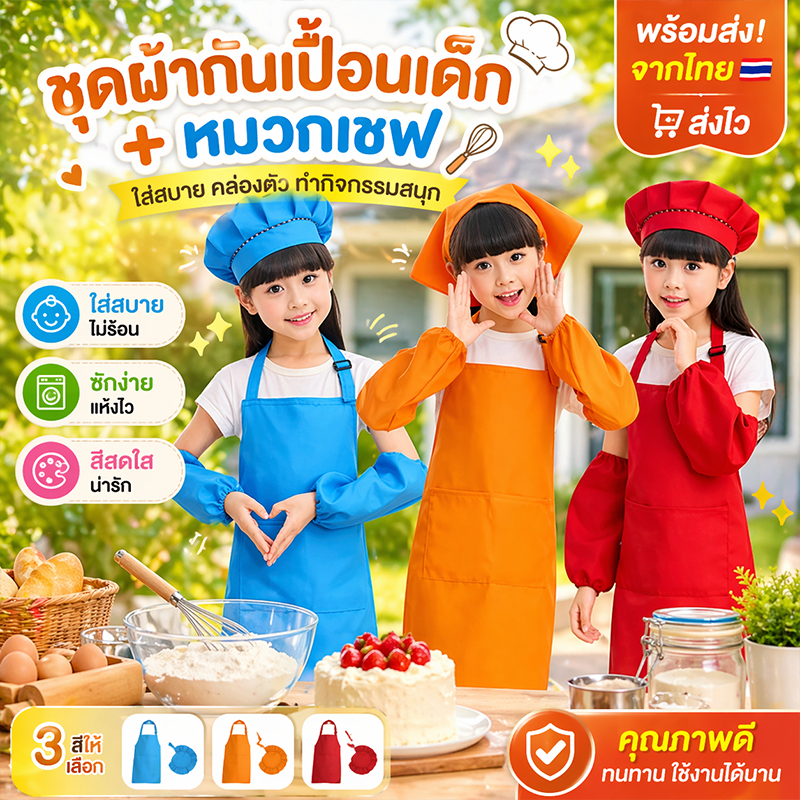 ชุดทำอาหารเด็ก 3 ชิ้น ผ้ากันเปื้อน หมวกเชฟ สำหรับเด็กอนุบาล อายุ 3–13 ปี ชุดเชฟเด็ก ทำครัว ใส่สบาย