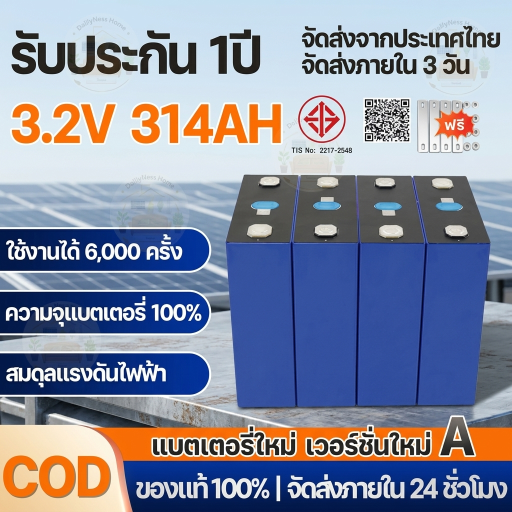 【แบตเตอรี่ใหม่】แบตเตอรี่ลิเธียมฟอสเฟต LiFePo4 3.2V 314Ah ใหม่เอี่ยม ใช้งานได้ 6,000 รอบ เหมาะสำหรับระบบสำรองไฟ UPS พลังง