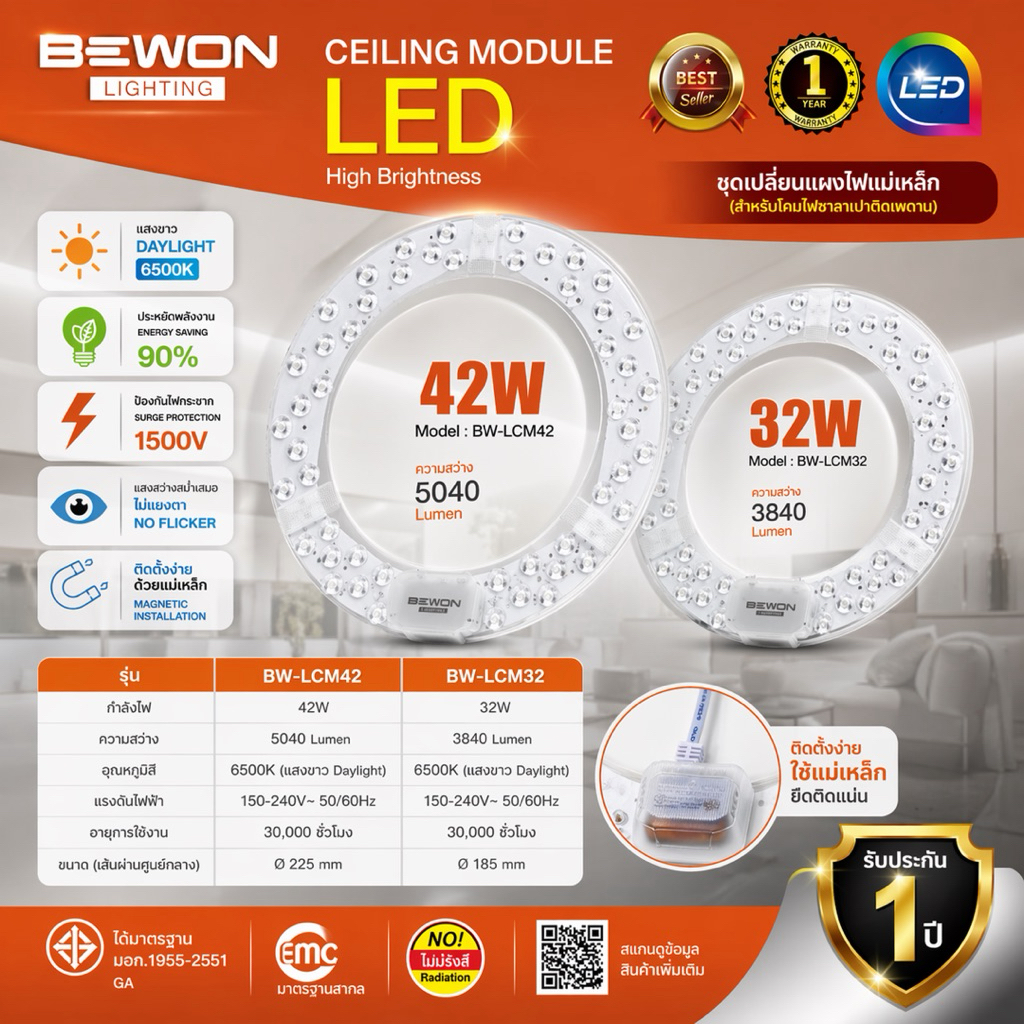 BEWON LED CEILING MODULE(แผ่นแม่เหล็กติดไฟเพดาน)ขนาด 32Wและ 42W. ชุดเปลี่ยนโคมไฟเพดาน สว่างแรง ติดตั้งง่าย