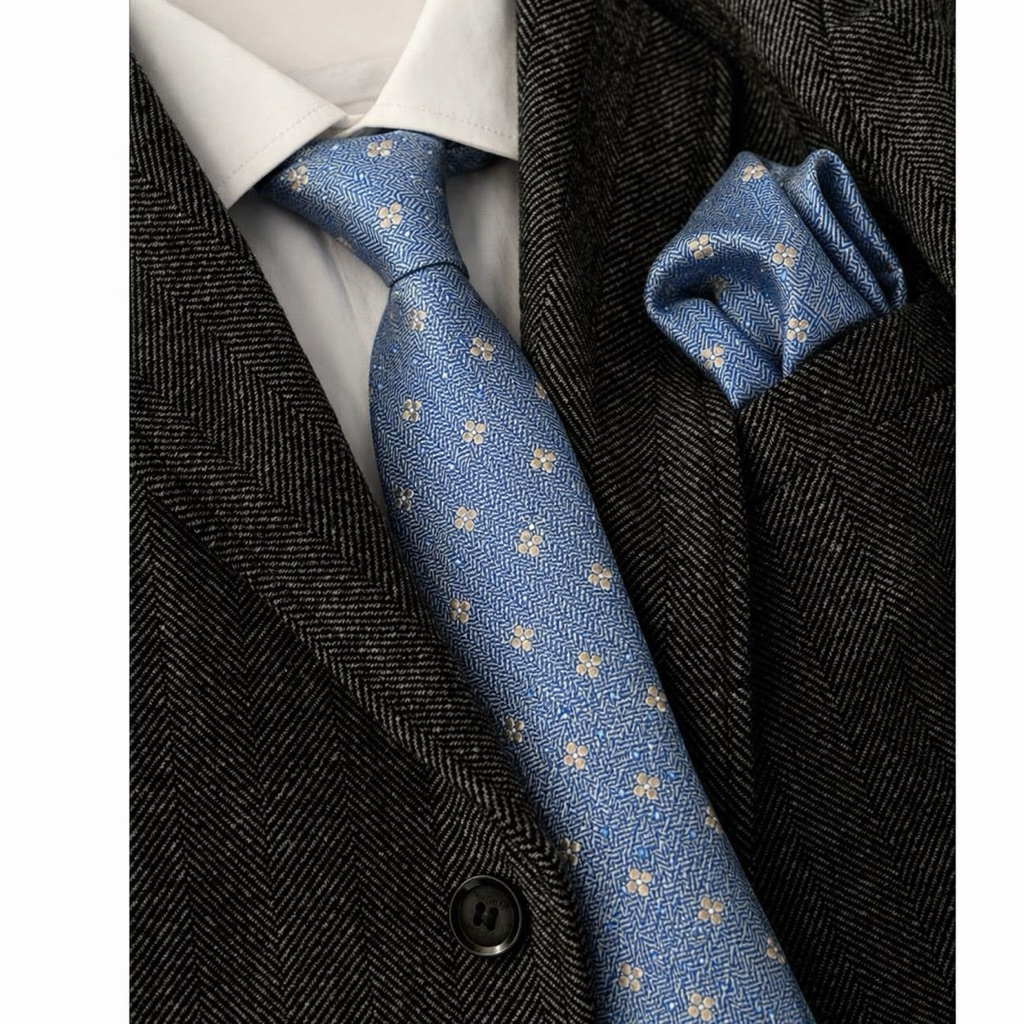 เซตเนคไทสูทผู้ชาย โทนสีเทาฟ้า Pocket square ผ้าเช็ดหน้า พรีเมียม ใส่ออกงาน Wedding