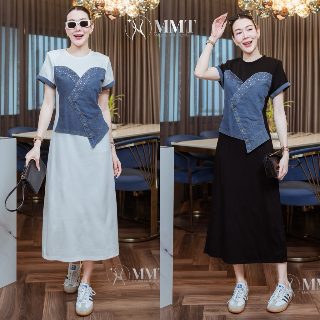 🌈🌿🌸🌺🌼💙🤍🖤🇰🇷 Jeans Slant DM Patch Cotton Maxi Dress