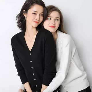 เสื้อคาร์ดิแกนถักแขนยาวทรงหลวมคอวีเนื้อนุ่ม ดีไซน์เรียบง่ายสำหรับผู้หญิง