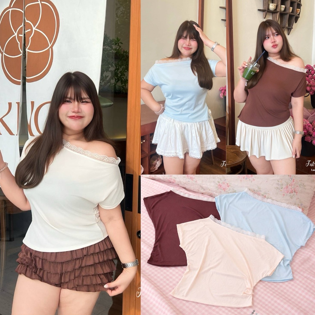 /FB/ เสื้อไหล่เอียง ไซส์อก38-48 แต่งลูกไม้หวานๆ ชายเสื้อผ่าข้างจับจีบ ผ้านุ่มยืด ใส่สบาย #พลัสไซส์