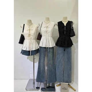B681 เสื้อแขนกุดลายจุด ผูกโบว์หน้า เอวระบาย