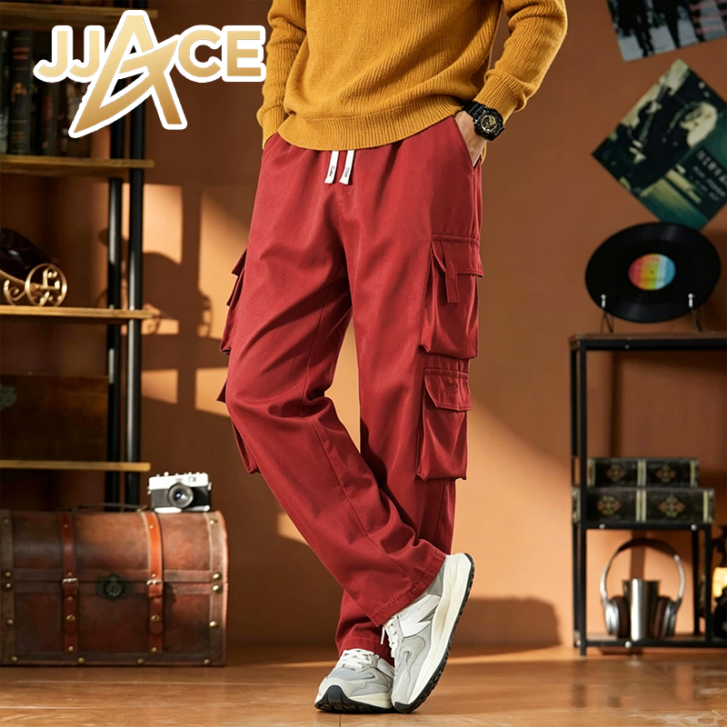 JJACE กางเกงคาร์โก้ขากว้างสีแดง กางเกงลำลองผู้ชาย แฟชั่นสไตล์เกาหลี