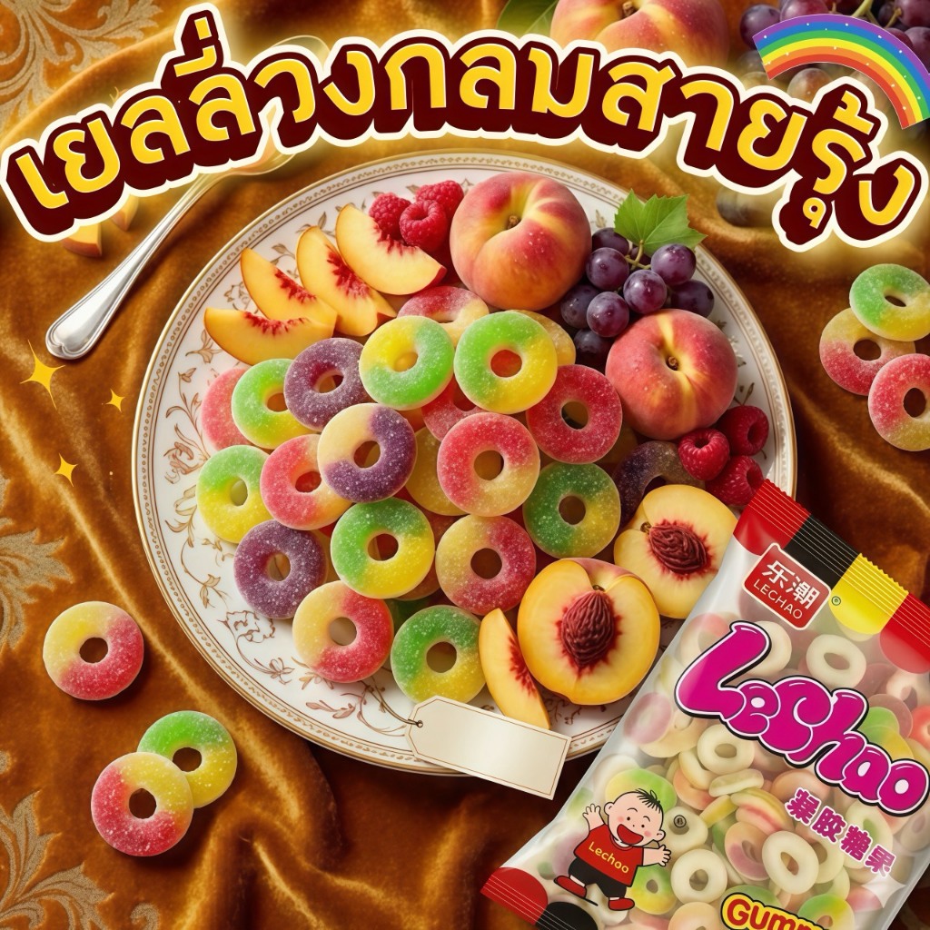 LeChao เยลลี่วงกลมสายรุ้งใหญ่ 1 กิโลกรัม สีสดน่ากิน เคี้ยวเพลินทุกคำ