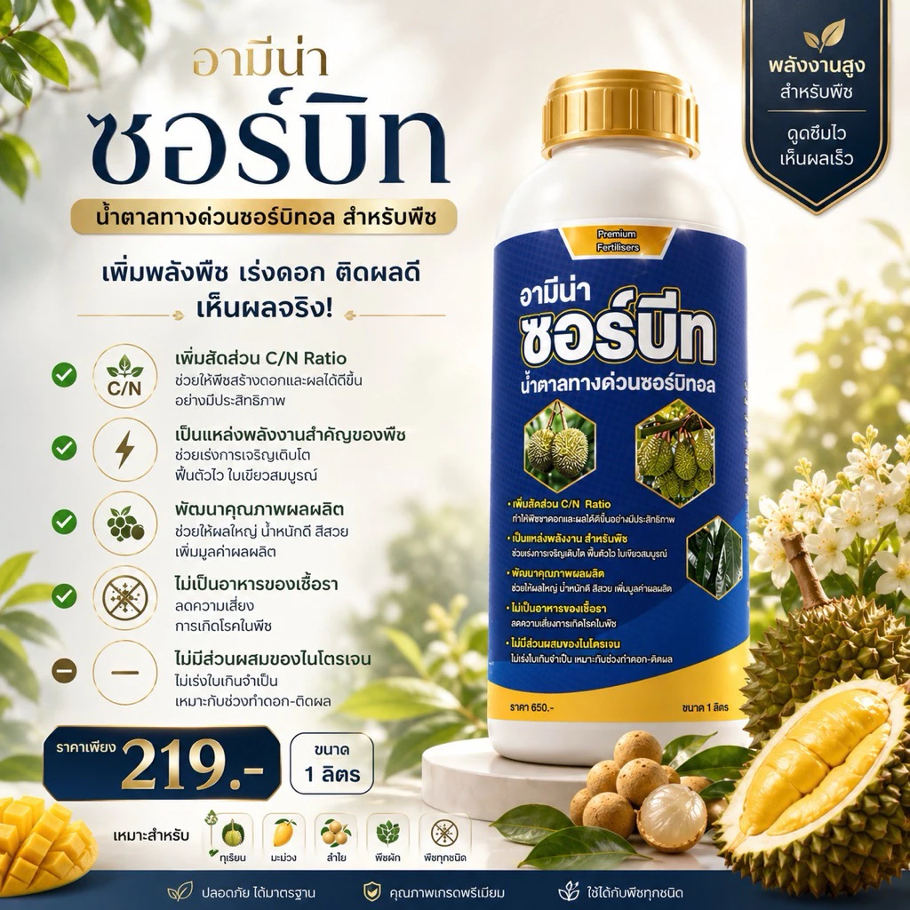 ซอร์บีท น้ำตาลทางด่วน น้ำตาลของพืช เร่งผลใหญ่ เพิ่มความหวาน เพิ่มผลผลิต อามีน่าซอร์บีท 1ลิตร