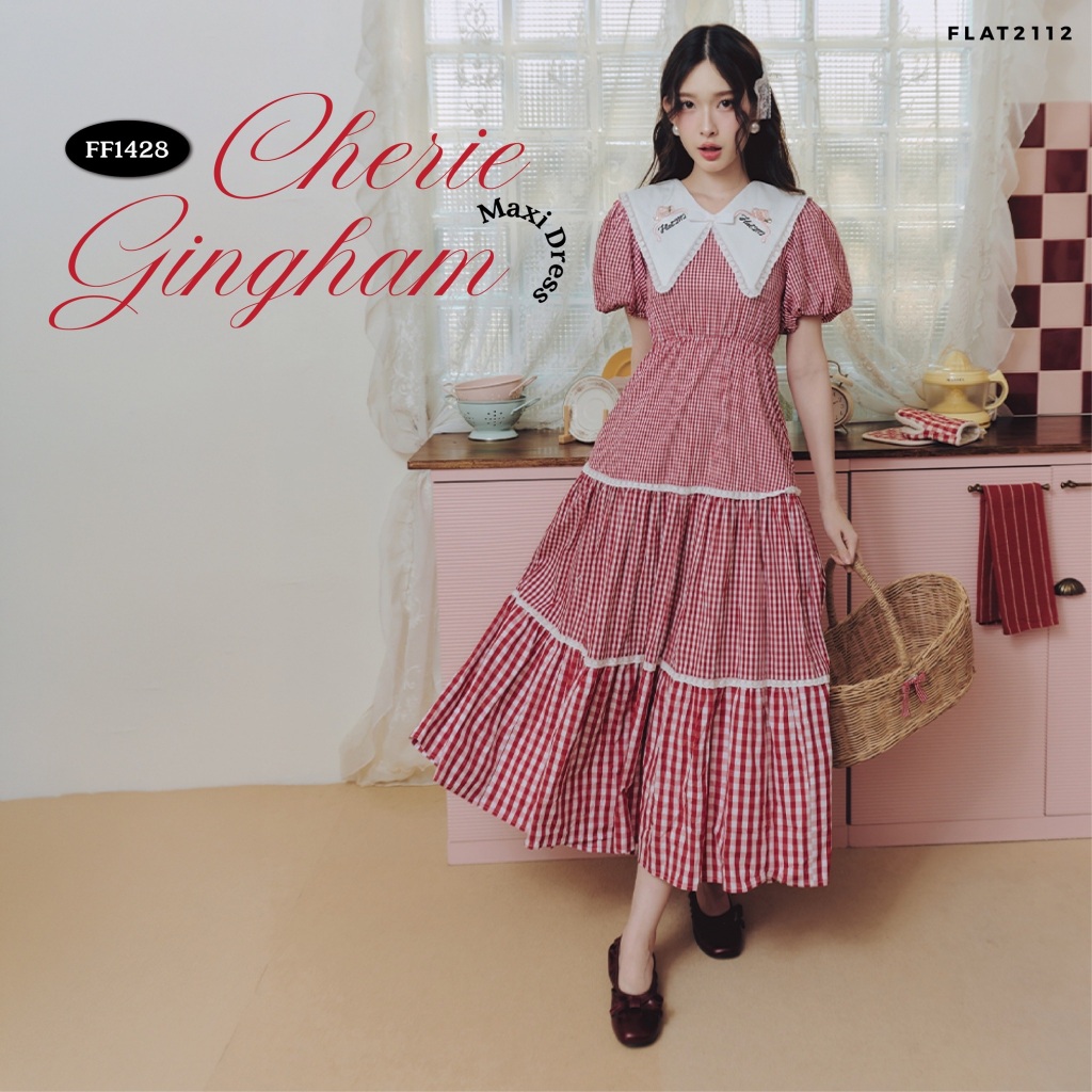 FLAT2112 : CHERIE GINGHAM MAXI DRESS เดรสยาวลายสก็อตแดง คอปกใหญ่แต่งลูกไม้ เดรสแขนพอง สไตล์เกาหลี (FF1428)