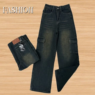 Fashion รุ่น #6551 กางเกงยีนส์ คาร์โก้ ทรงกระบอก สีสนิมเข้ม แต่งเฟดขา ทรงสวยผ้าไม่ยืด กระเป๋าตรง 2 ใบ