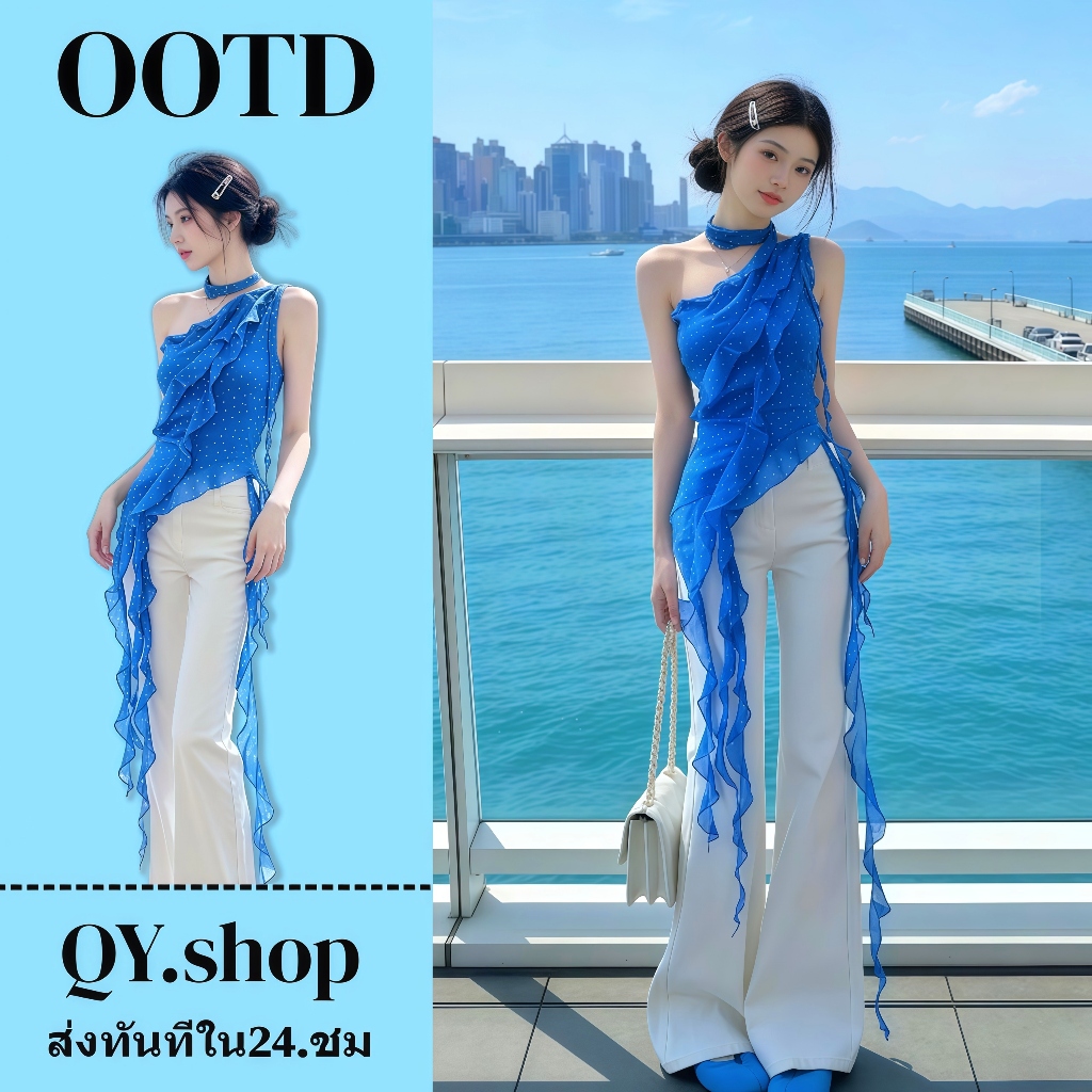 QY.shop เสื้อไหล่เดียวผ้าชีฟองลายจุด ริ้วผ้าสองชั้น สำหรับสตรี สีน้ำเงิน ใส่สบาย ผ้า เซ็กซี่-FY2908