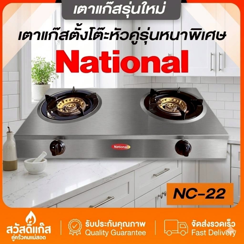 NEW เตาแก๊ส สองหัว National รุ่น NC-22 ประหยัดแก๊สแข็งแรง มีประกัน5ปี สแตนเลสหนาพิเศษ