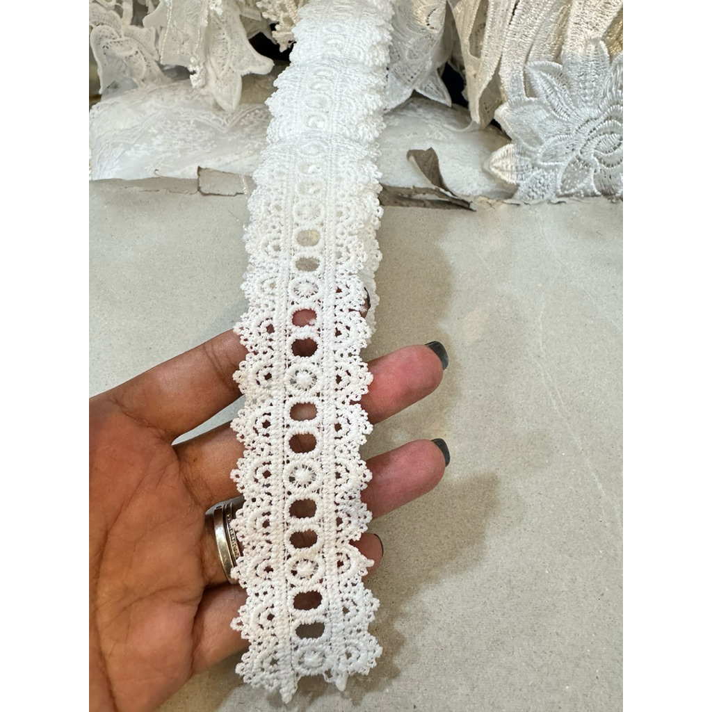 ลูกไม้ตกแต่ง สอดริบบิ้นได้ ขนาดลูกไม้กว้าง3.5cm. เส้นละ14-15หลา245฿