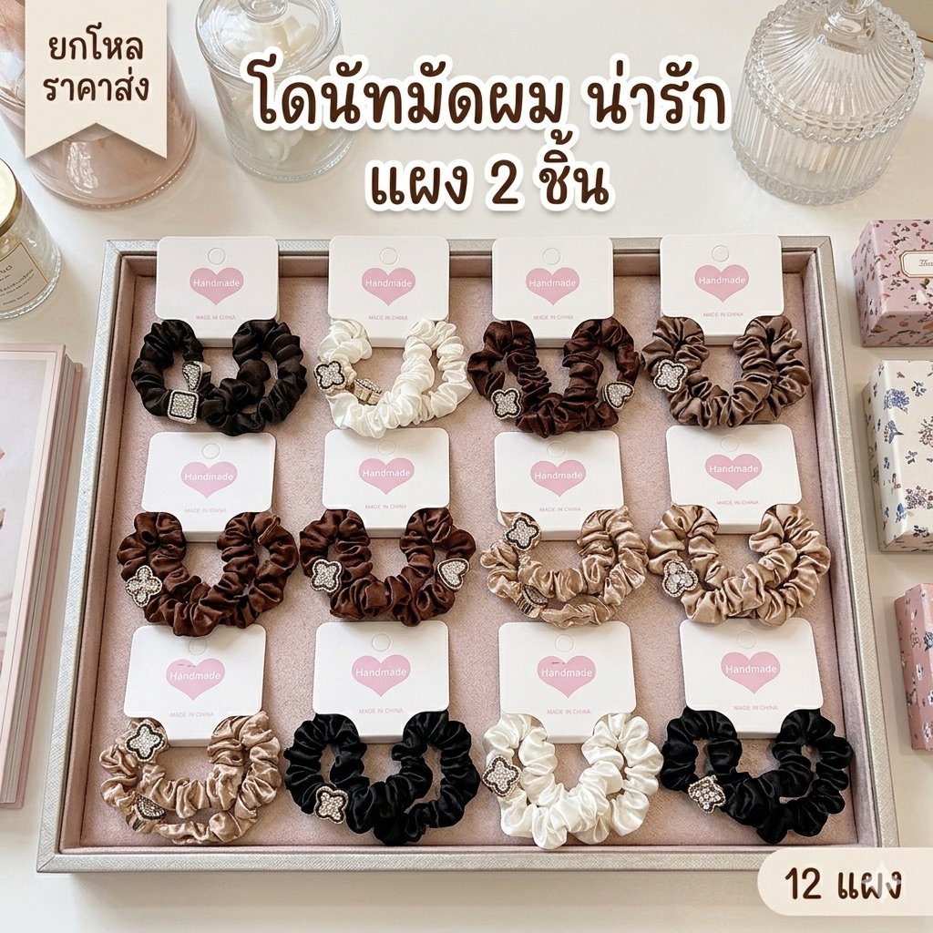 ยางรัดผม โดนัทมัดผมประดับเพชร  แผง 2 ชิ้น ได้ 12 แผง 24 ชิ้น ยืดหยุ่นสูง