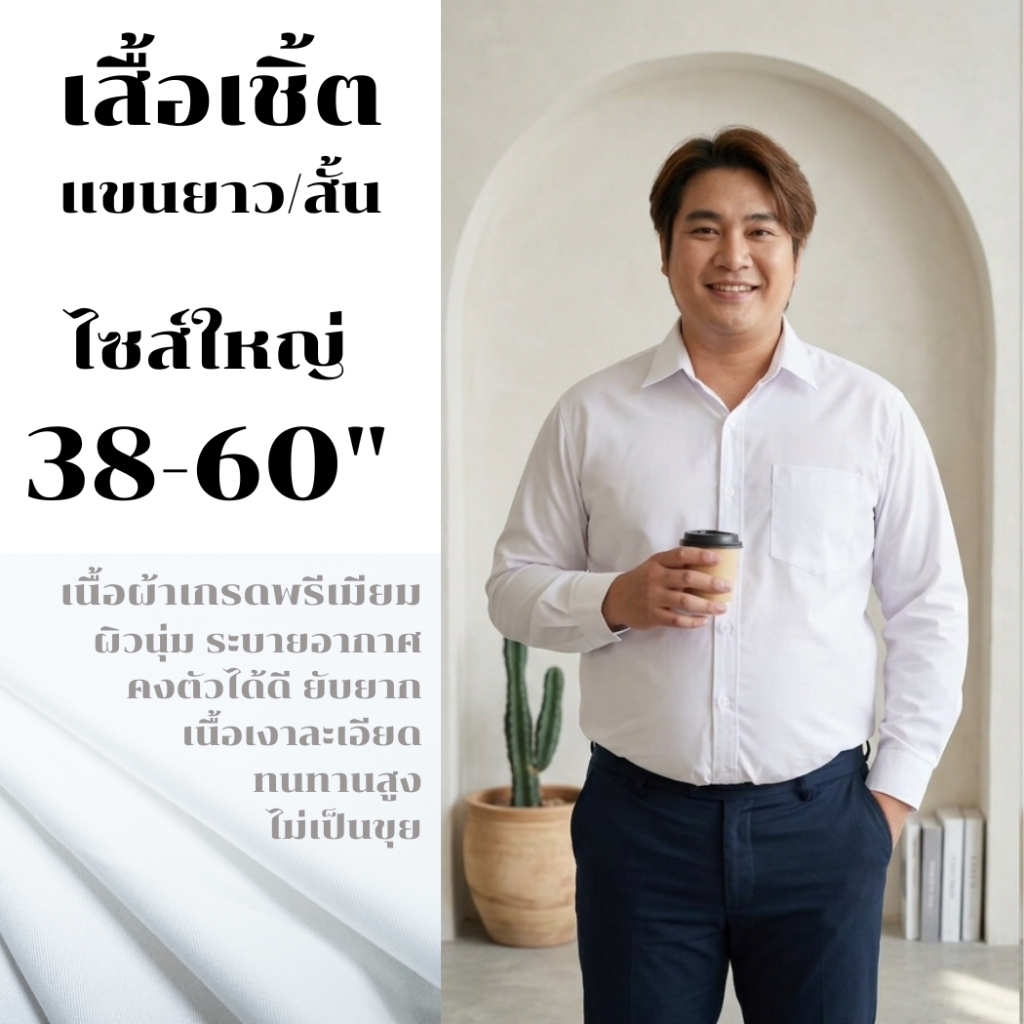 เสื้อนักศึกษาผู้ชาย/ เชิ้ตทำงาน ทรงเอวตรง ใส่สบาย ไม่รัดรูป 38-60" ผ้าคอมทวิว คอปก แขนยาว+กระเป๋า