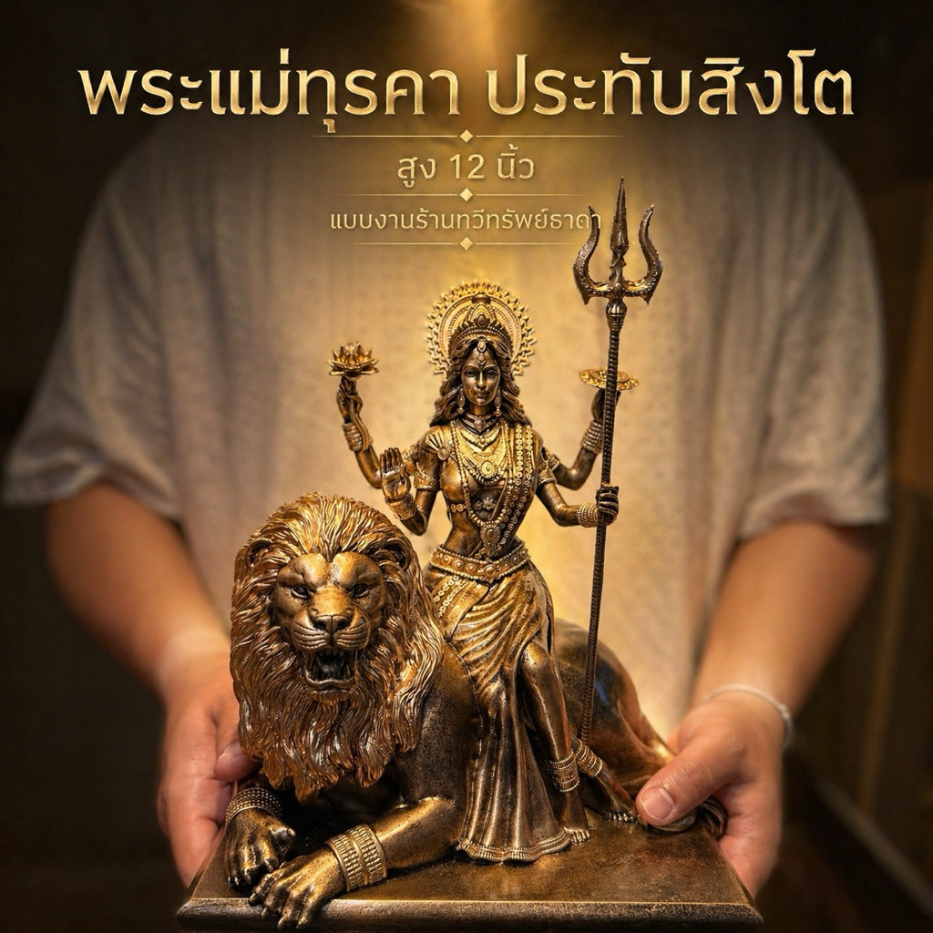 พระแม่ทุรคา สูง 12 นิ้ว (ใหญ่) มี 3 สี เทวีแห่งอำนาจ วาสนา และบารมี มวลสารแร่เหล็กน้ำพี้ พร้อมฐานรอง – โปรปัง