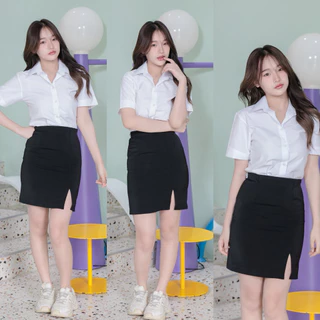 กระโปรงนักศึกษาทรงเอ (ผ่าหน้า-ผ่าหลัง) ยาว14-16-18-20 ผ้ายืดฮานาโกะสีดำ
