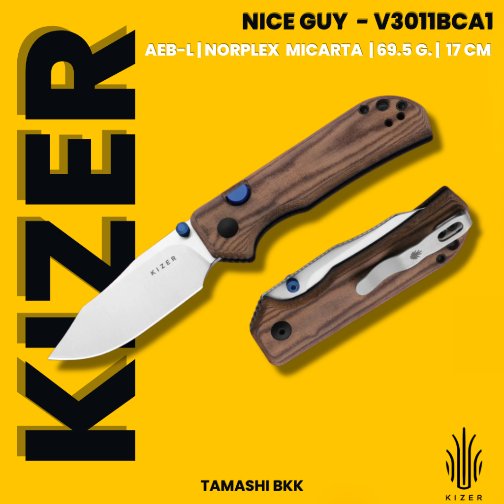 มีดพับ KIZER l Nice Guy | AEB-L | Norplex UltreX™ Micarta | V3011BCA1 l ร้านมีดแท้ Tamashi BKK
