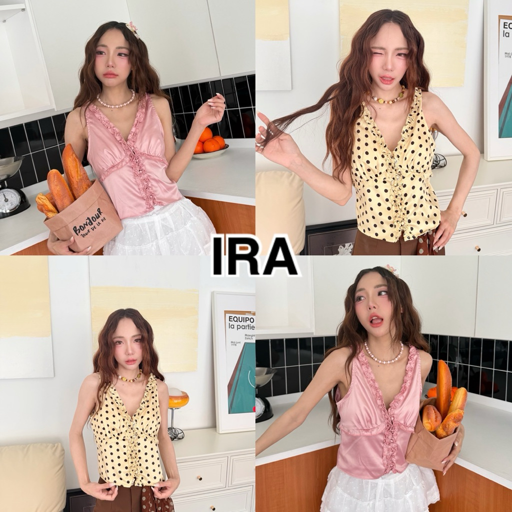 BY IRA (2026-124) Meya Top (พร้อมส่ง) เสื้อแขนกุดลายจุดรุ่น แต่งขอบระบาย มีกระดุม