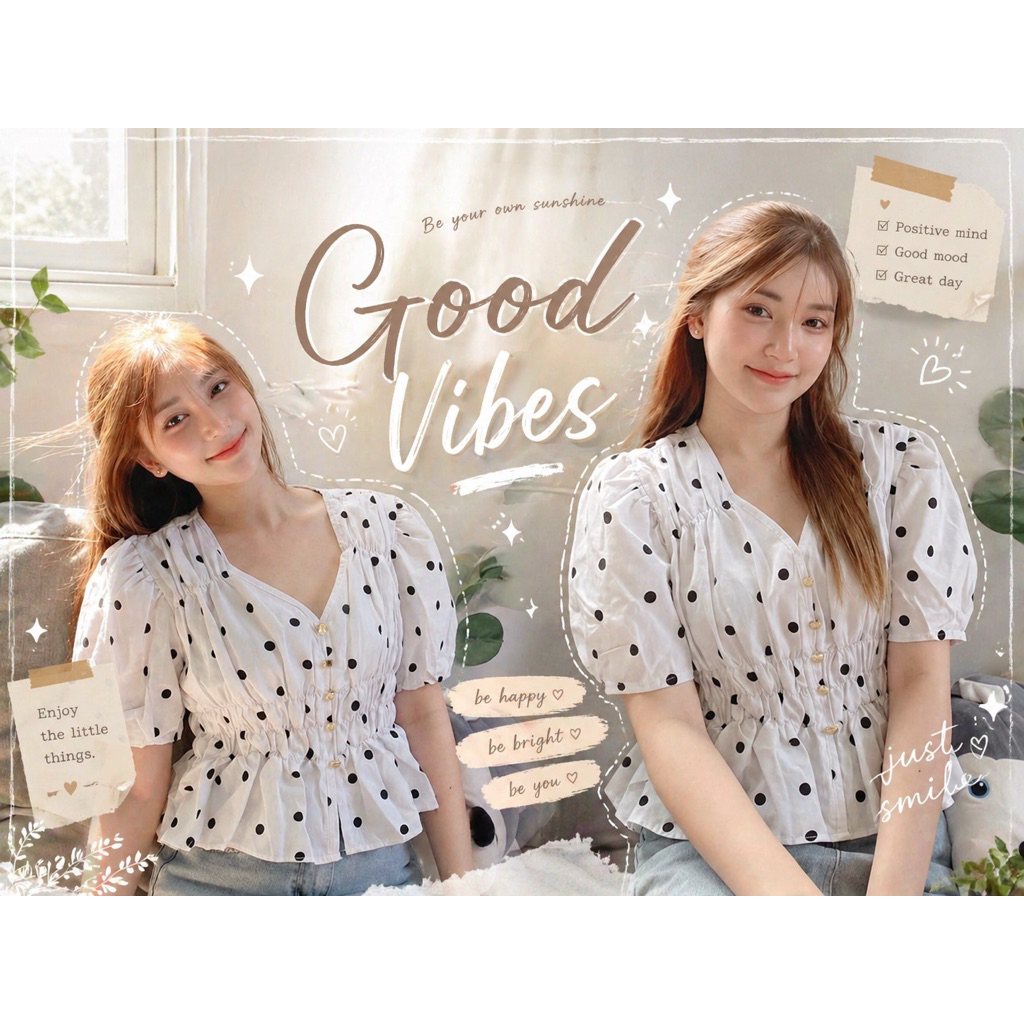 New arrival 🌷  Korea brand 🇰🇷  เสื้อแขนพอง ลายจุด กระดุมหน้า ด้านหน้าดึงยาว ตีเกร็ด ตัดต่อช่วงเอว ผ้านุ่มลื่นมาก งานสวย