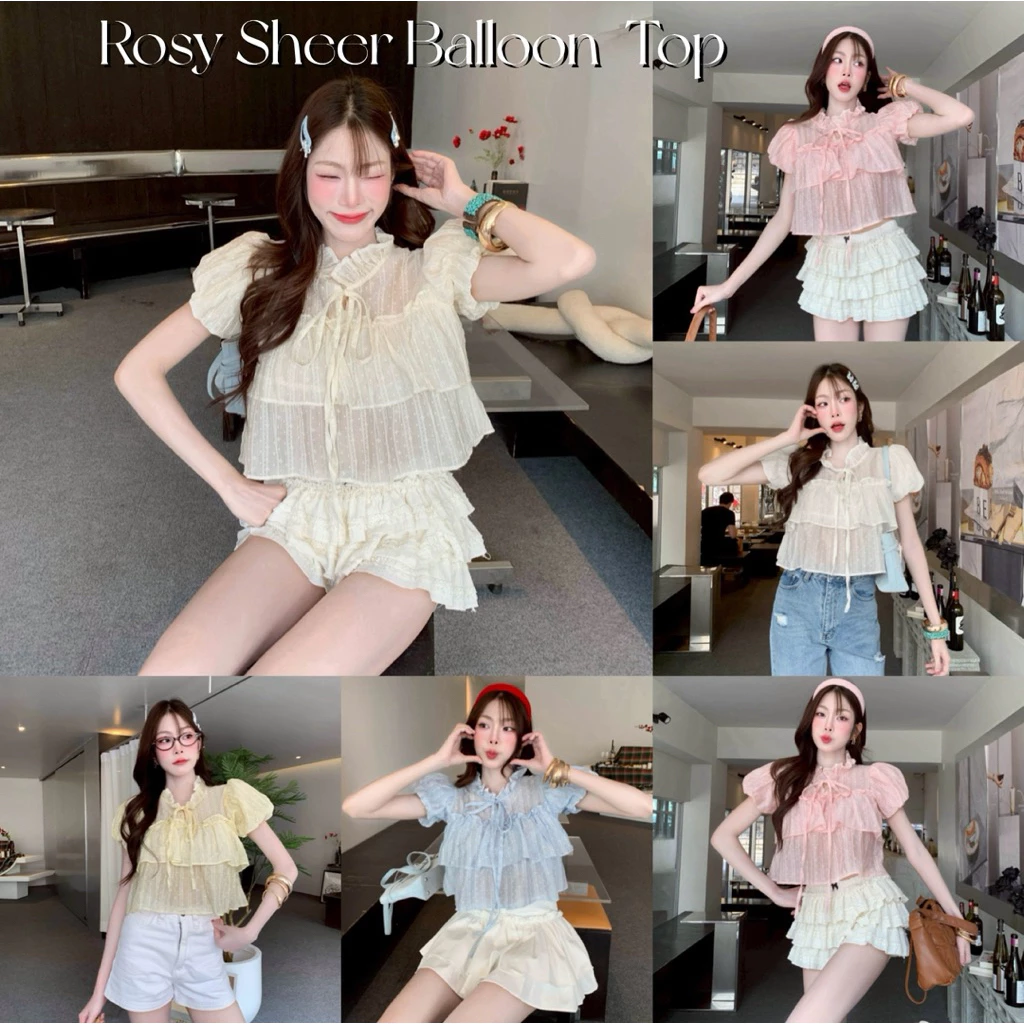 (อก28-34) เสื้อคอผูกโบว์แขนบอลลูนผ้าโรซี่ เสื้อแขนบอลลูน ใส่แล้วดูน่ารักลูกคุณหนูมาก