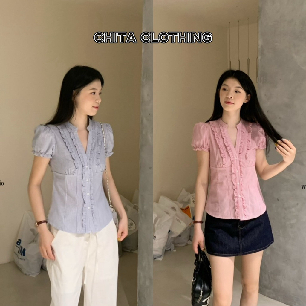 9354# เสื้อแขนสั้นคอวี ลายสกอต งานกระดุมหน้าเนื้อผ้าดี งานสวย TAG:WG.WE 🇰🇷