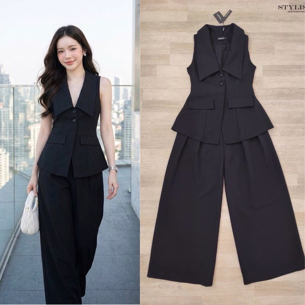 D10 งานป้าย Stylista Set เซ็ทเสื้อสูทแขนกุด+กางเกงขายาว สำหรับผู้หญิง เสื้อผ้าแฟชั่นผู้หญิง ไซส์ Xs-