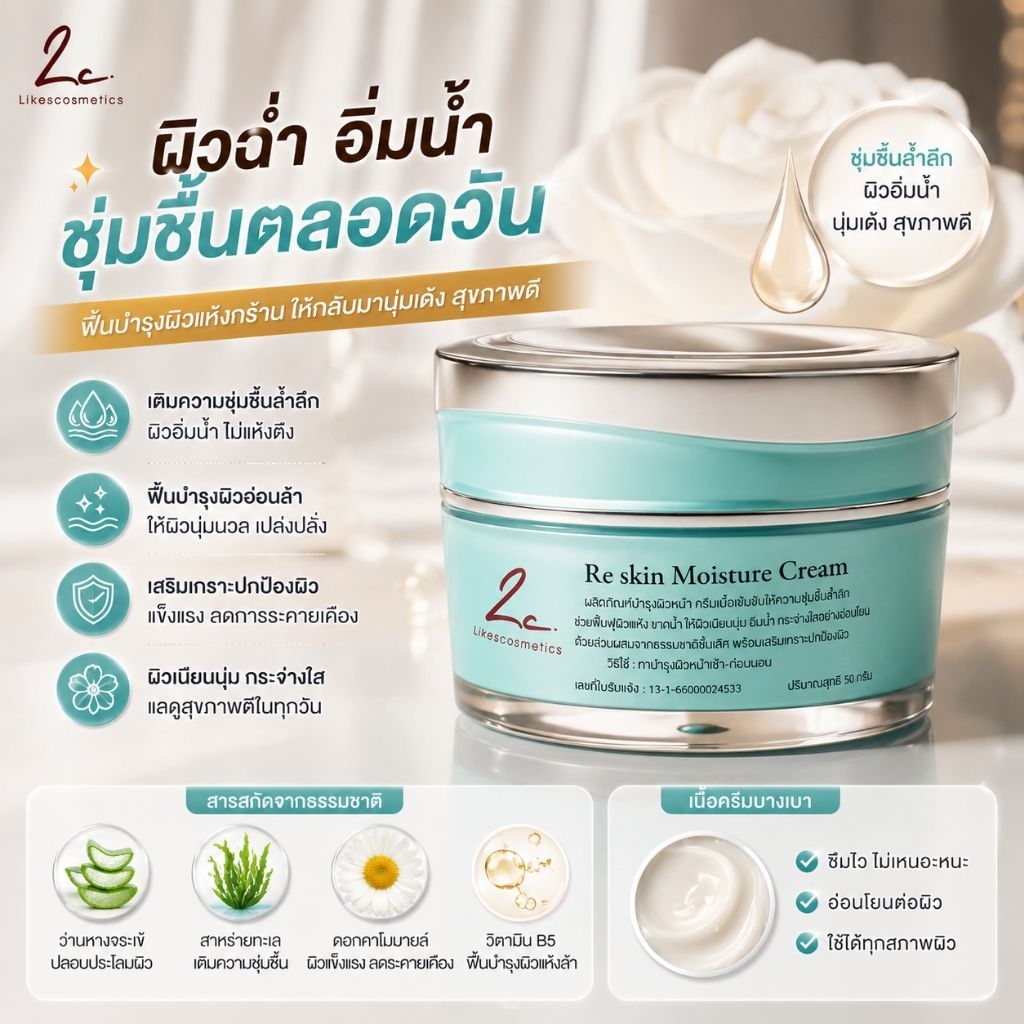 Re Skin Moistur Creamกุญแจสู่ผิวฉ่ำเงา ผิวชุ่มชื้น ผิวหน้าเด้งใสแบบสาวเกาหลี