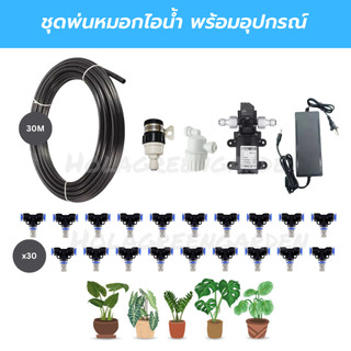 ชุดหัวพ่นหมอก 30หัว 0.3mm ปั๊มพ่นหมอก 12VDC พร้อมสาย30M พร้อมอุปกรณ์ ข้อต่อพ่นหมอก Misting nozzle water system