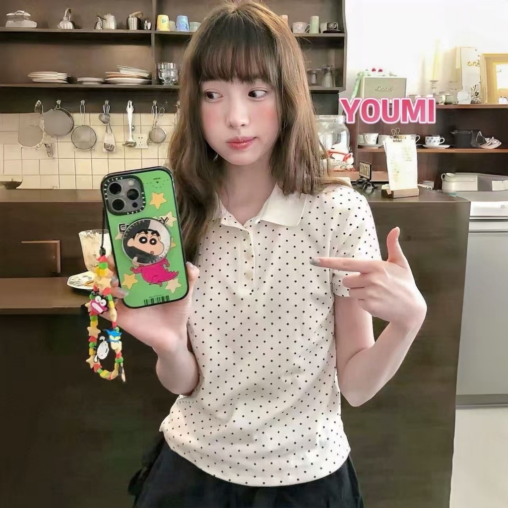 YOUMI พร้อมส่งจากกทม ปัก เสื้อยืดแขนสั้นคอปก เสื้อคอปกกระดุมหน้า ผ้านิ่ม ใส่บาย รวมเสื้อลายจุด