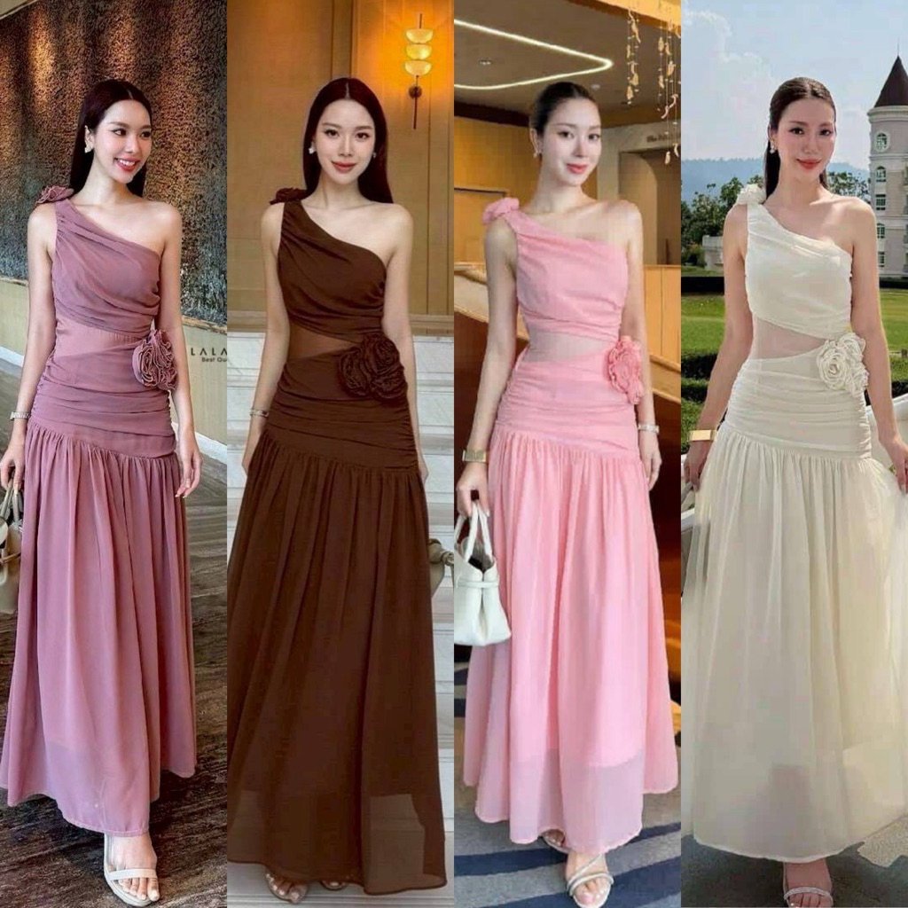 พร้อมส่ง•LALADA,MILA•มินิเดรสเรียบหรู ผ้าชีฟองใส่ออกงานสวยติดแกลม ไหล่เฉียงแต่งดอกไม้ที่ไหล่และเอว