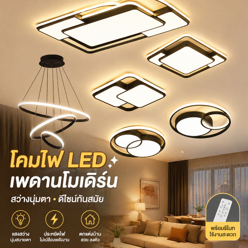 ไฟ LED โคมไฟเพดาน ห้องนั่งเล่น ไฟเพดาน ไฟห้องนอน ไฟห้องรับประทานอาหาร บรรยากาศเรียบง่าย