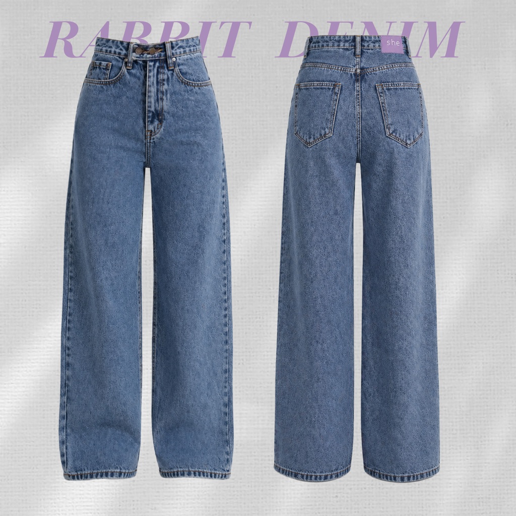กางเกงยีนส์เอวสูงขากระบอกกระดุมเฉียง รุ่น Rabbit Denim