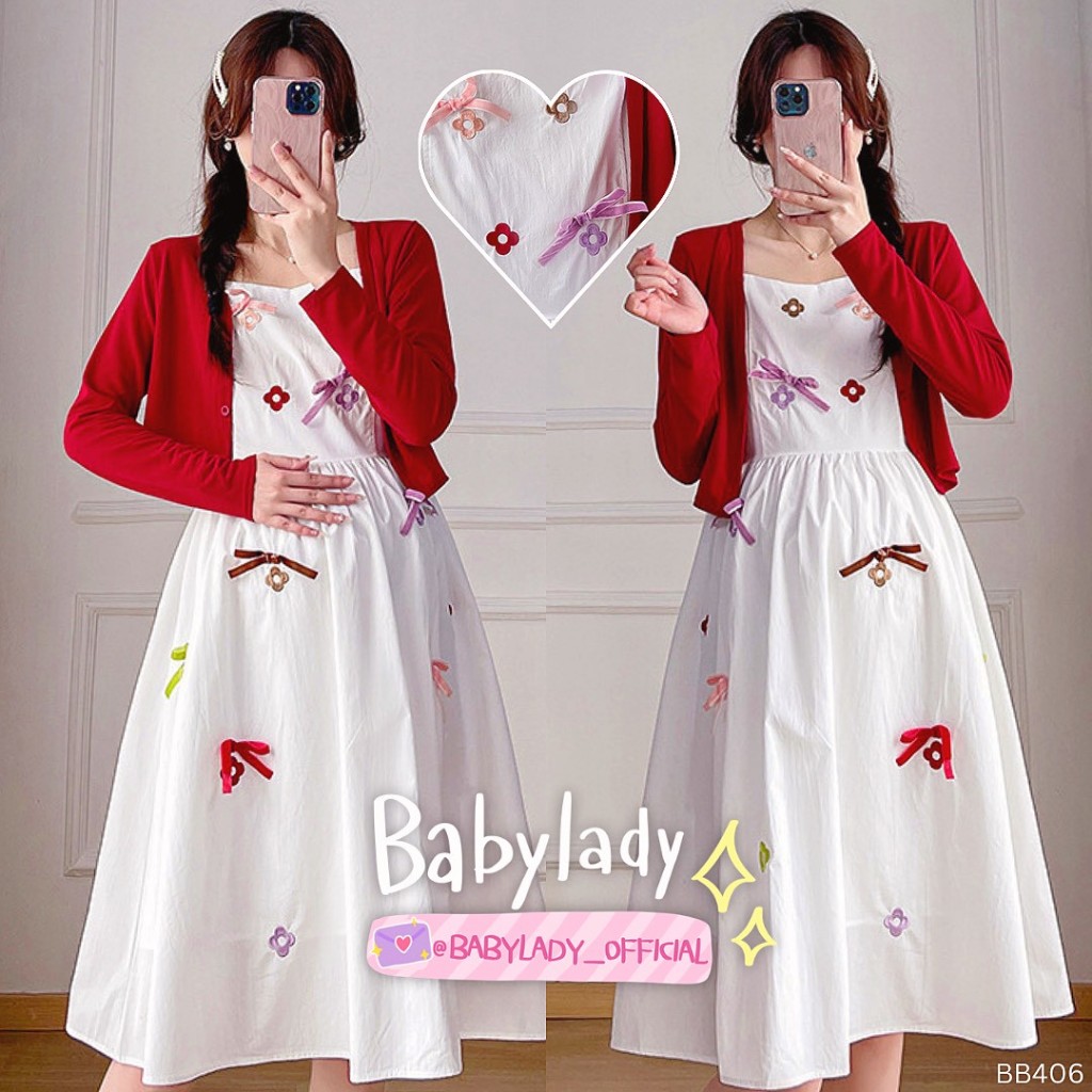 [BB 406] ชุดคลุมท้อง | BABYLADY ♡ - เซ็ตเดรส+คาร์ดิแกน ปักลาย โบว์3D มีซับใน