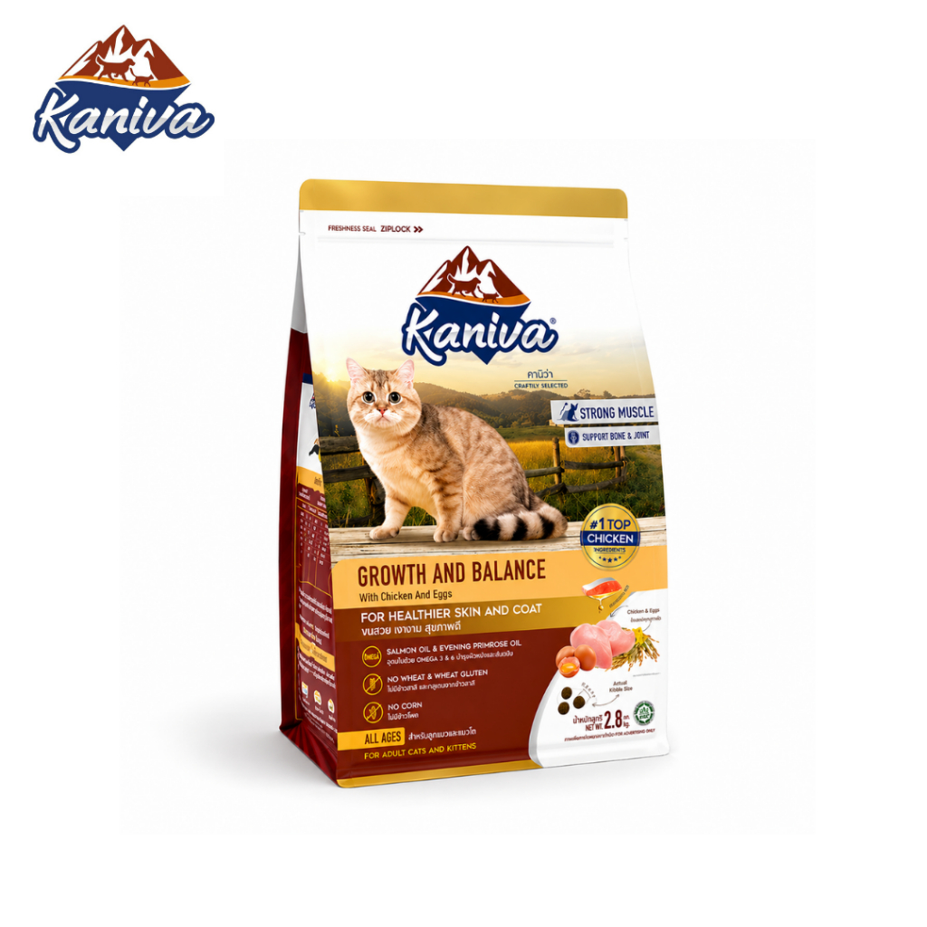 Kaniva อาหารแมวสูตรไก่ ไข่ เสริมการเจริญเติบโต กล้ามเนื้อ แมว2เดือน+ Growth & Balance Petus Kingkaew