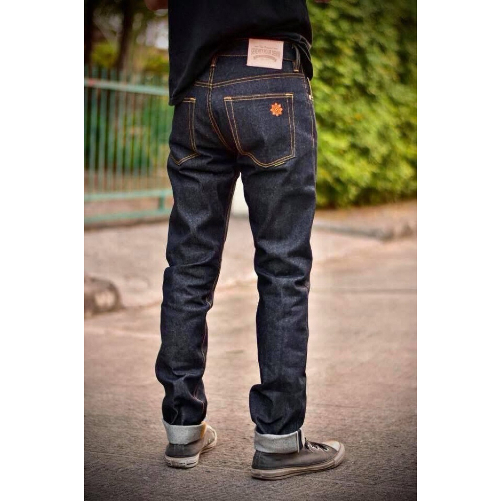 Seventyfourdenim16ozริมแดงindigoมีทรงกะบอกเล็กและกะบอกตรง