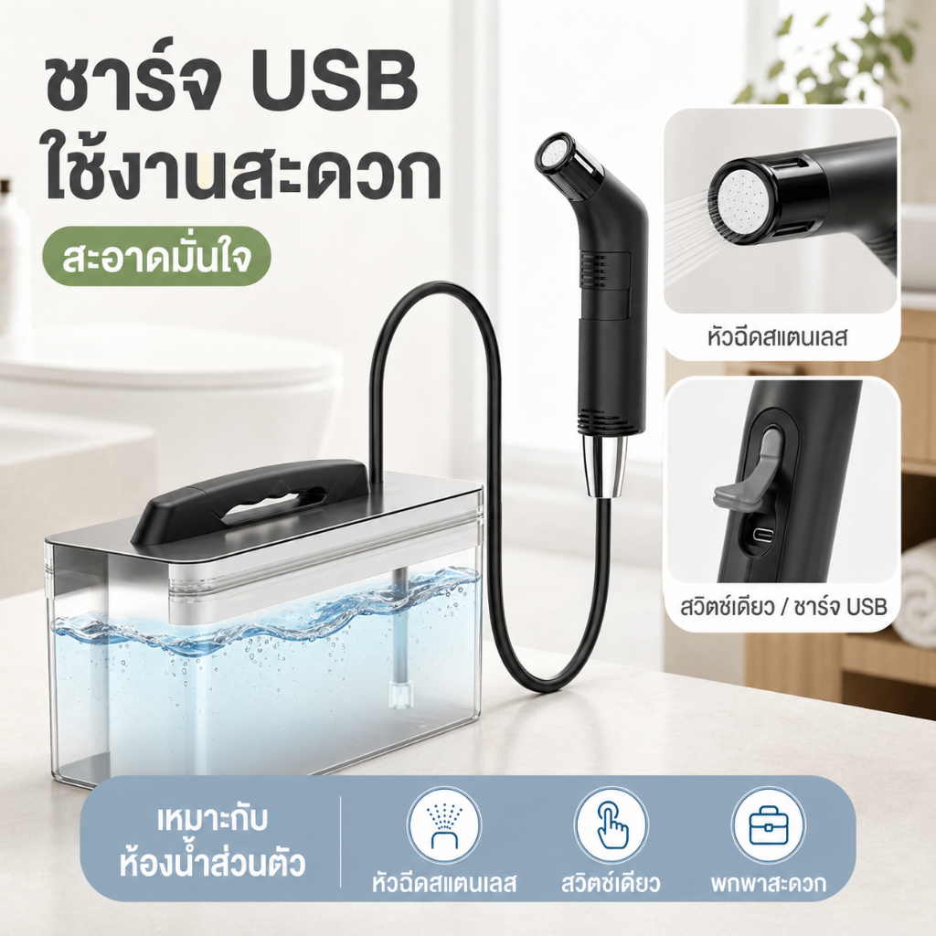 ที่ฉีดก้นไฟฟ้าแบบพกพา 2.3L ชาร์จ USB ใช้งานได้ทั้งบ้านและเดินทาง