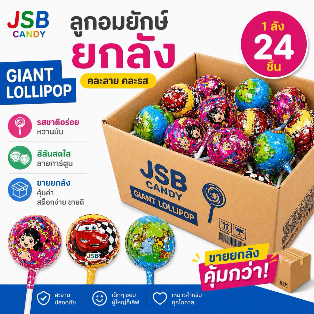 (ยกลัง 24 ชิ้น) JSB Candy BIG BOMB LOLLIPOP ลูกอมลายการ์ตูนน่ารัก ขนาด 5 กรัม อร่อยเต็มคำ สนุกได้ทุกวัน!